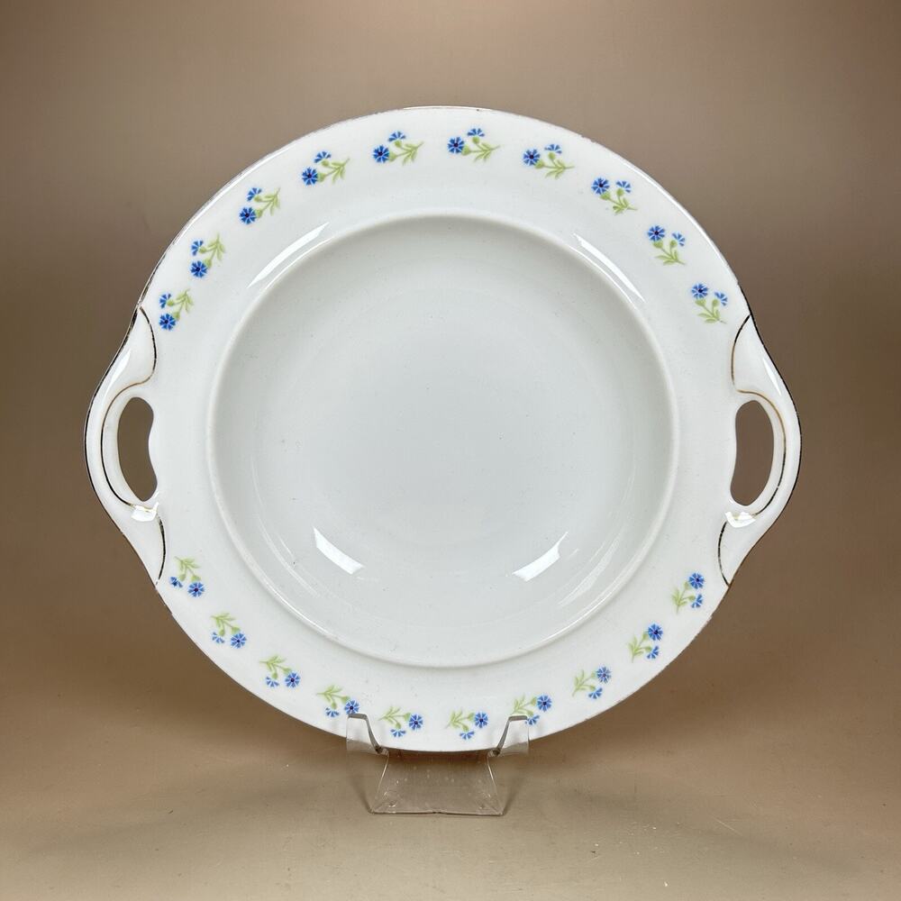 Antique J & C Bavaria Porcelain Handled Dish Blue Flowers & Gilded Edge 8” Dia.